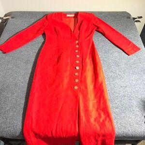 Kamisato Vintage Red Long Sleeve Midi Dress Gold Crest Buttons Size 8‎